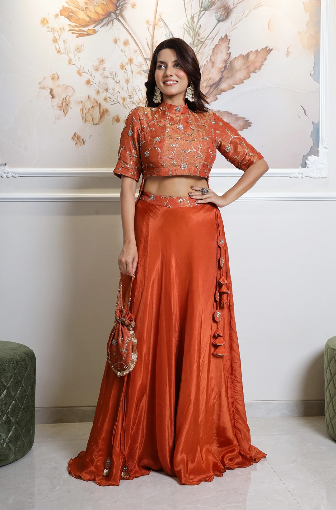VGlame - Copper Shimmer Crop Top & Umbrella Skirt Set – Bead Work Chokhi Dress with Potli Bag